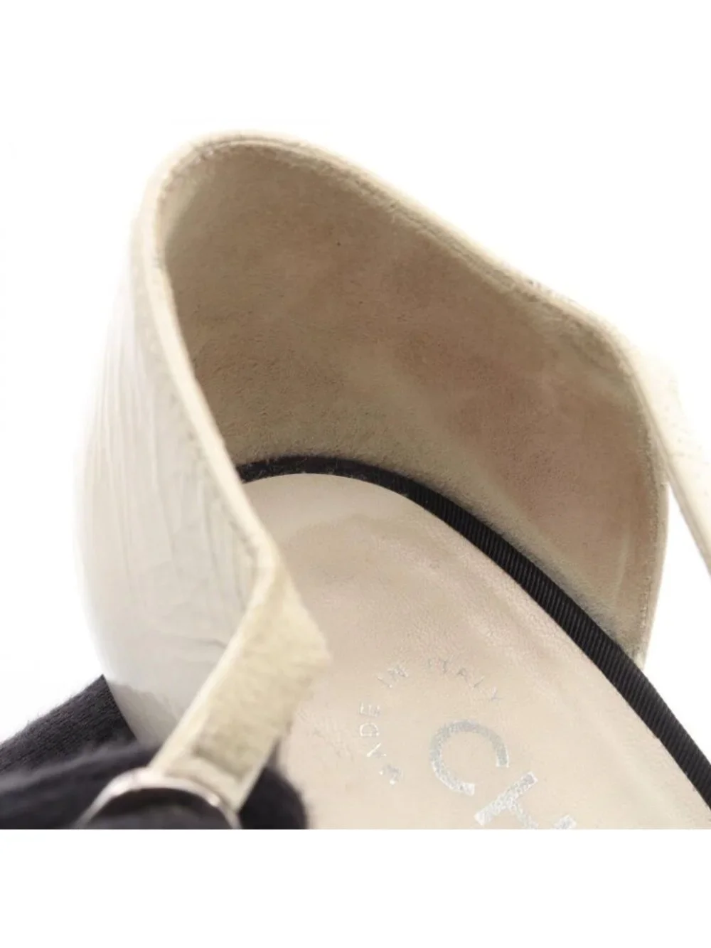 Chanel Pumps Pointed Toe Ribbon Leather Fabric Heel 36